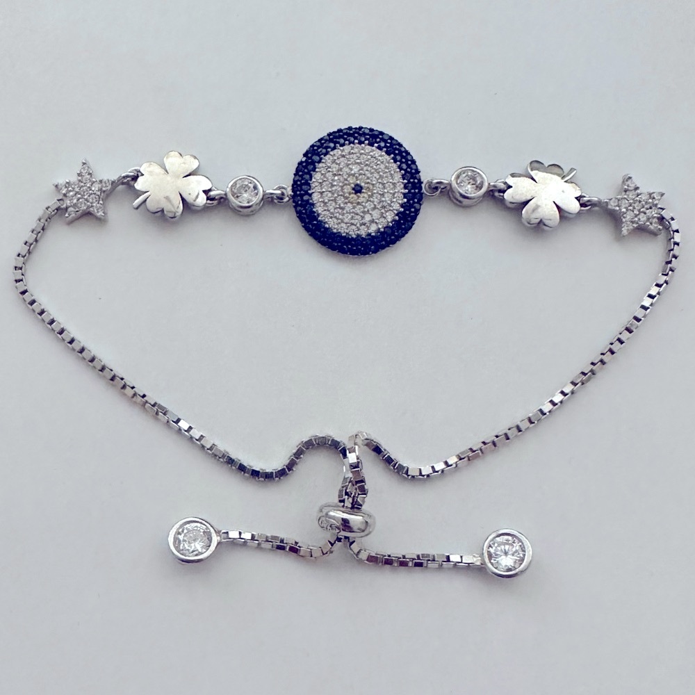 🧿 925 Silver bracelet evileye clover slider lock bolo cz stones adjustable size